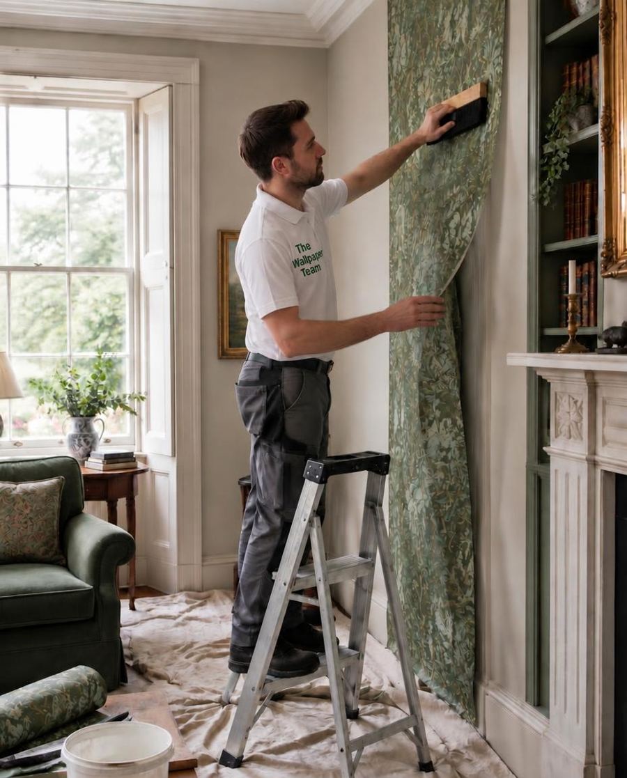 Our wallpaper hanger smoothing a strip of green botanical paper in a period living room